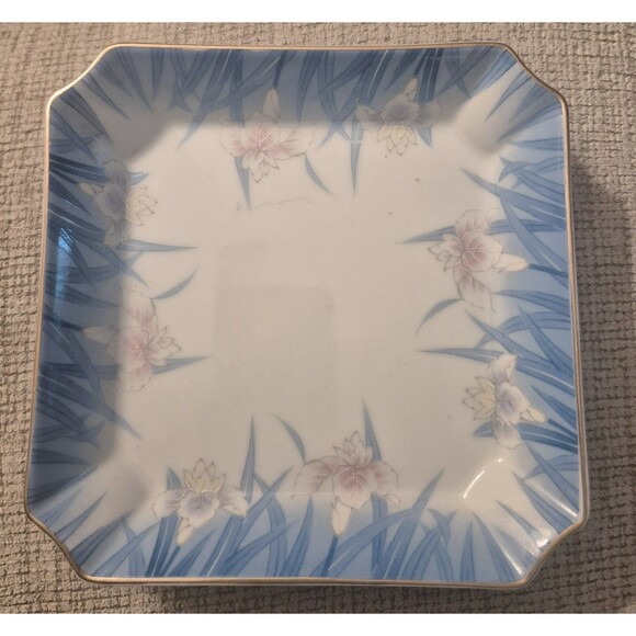 Vtg OMC Otagiri Orchid Tray Trinket Blue Pink Square Gold Trim - Picture 1 of 6